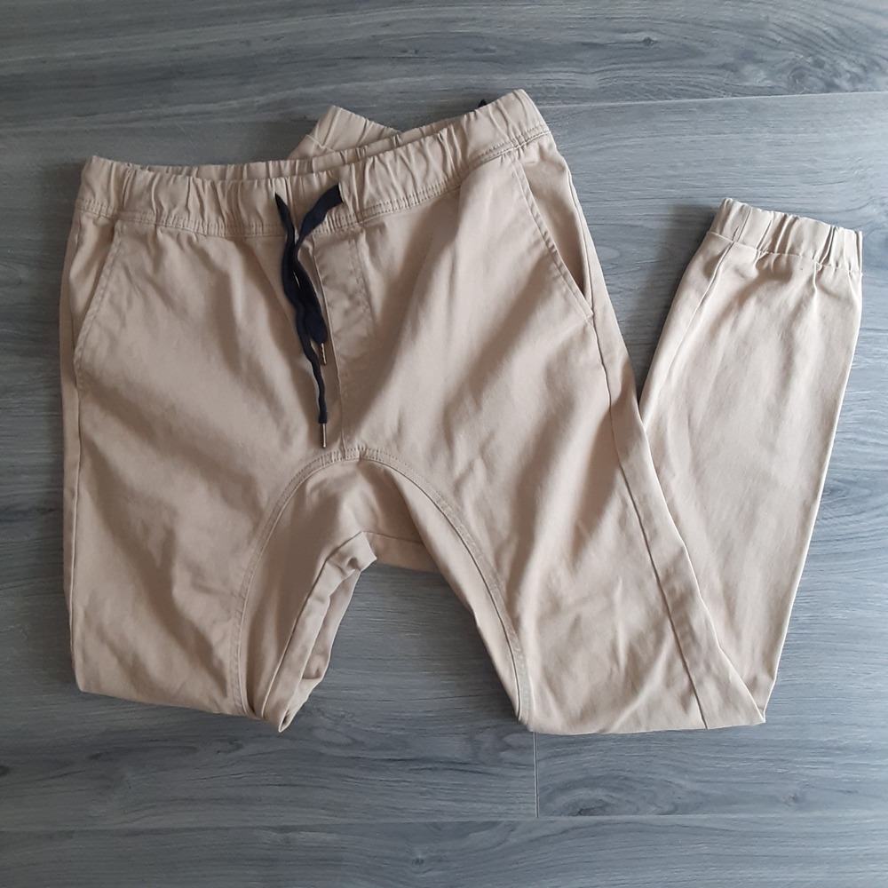 WT02 Mens Tan Khaki Drop Crotch Joggers Elastic Waist Streetwear Pants Size M
